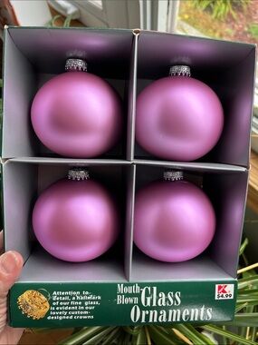 Set Of 4 1999 Kmart Winter Frost Mauve 3”Christmas Ornaments Mouth Blown Glass